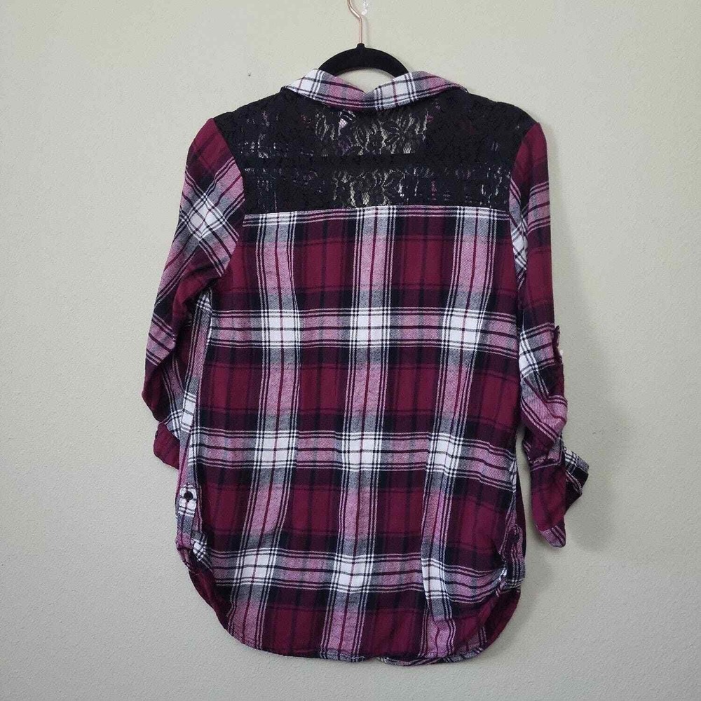 Nobo Women's Size L Button Up Plaid Blouse Berry With Lace Inset Roll Tab Sleeve - Picture 5 of 8